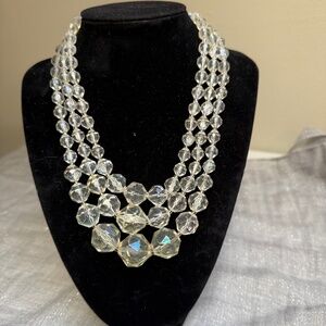 Vintage 3 Strand Aurora Borealis Beaded Necklace 16”